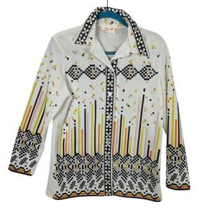 Vtg Smartique Shirt Womens Large White Geometric Button up Airplane Checkered